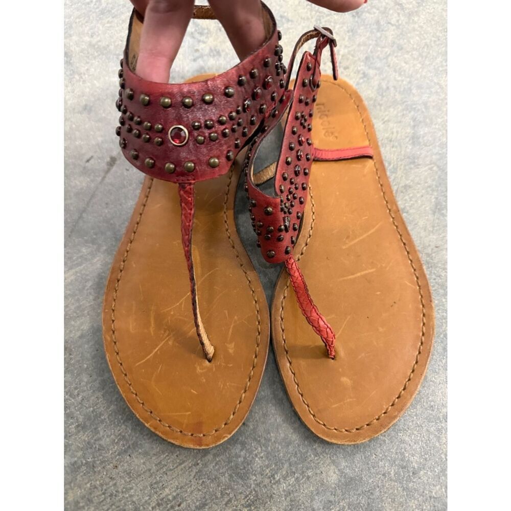 Nicole Red Studded T-Strap Sandals
